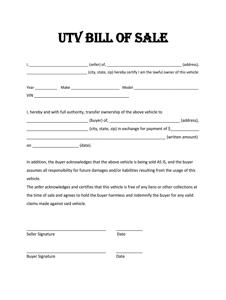Utv Bill Of Sale Template: Fill Out &amp;amp; Sign Online | Dochub pertaining to FREE Printable Bill of Sale For Utv