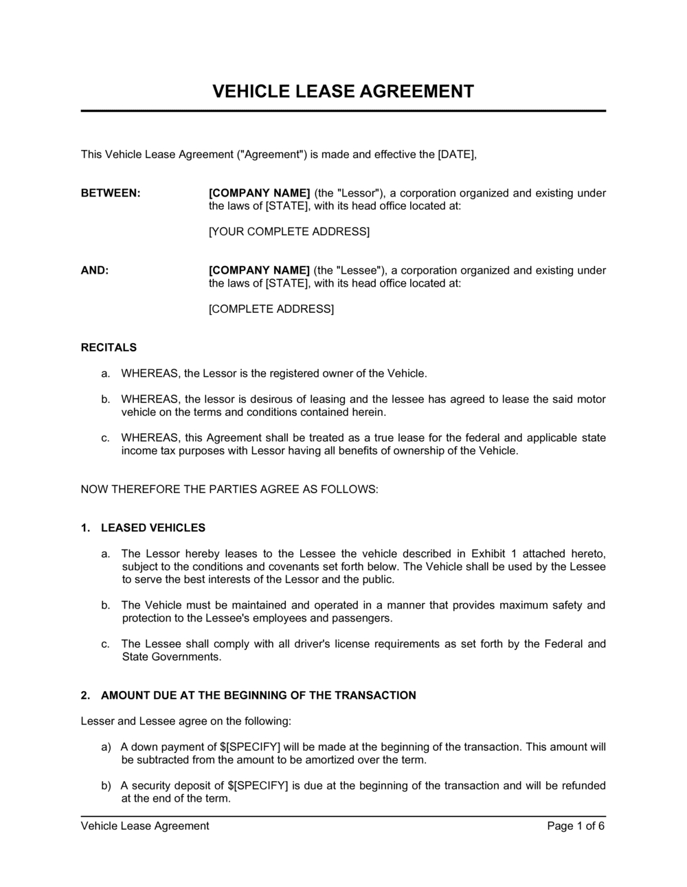 Vehicle Lease Agreement Template (Word &amp;amp; Pdf) - Free Trial inside FREE Printable Auto Lease Agreement