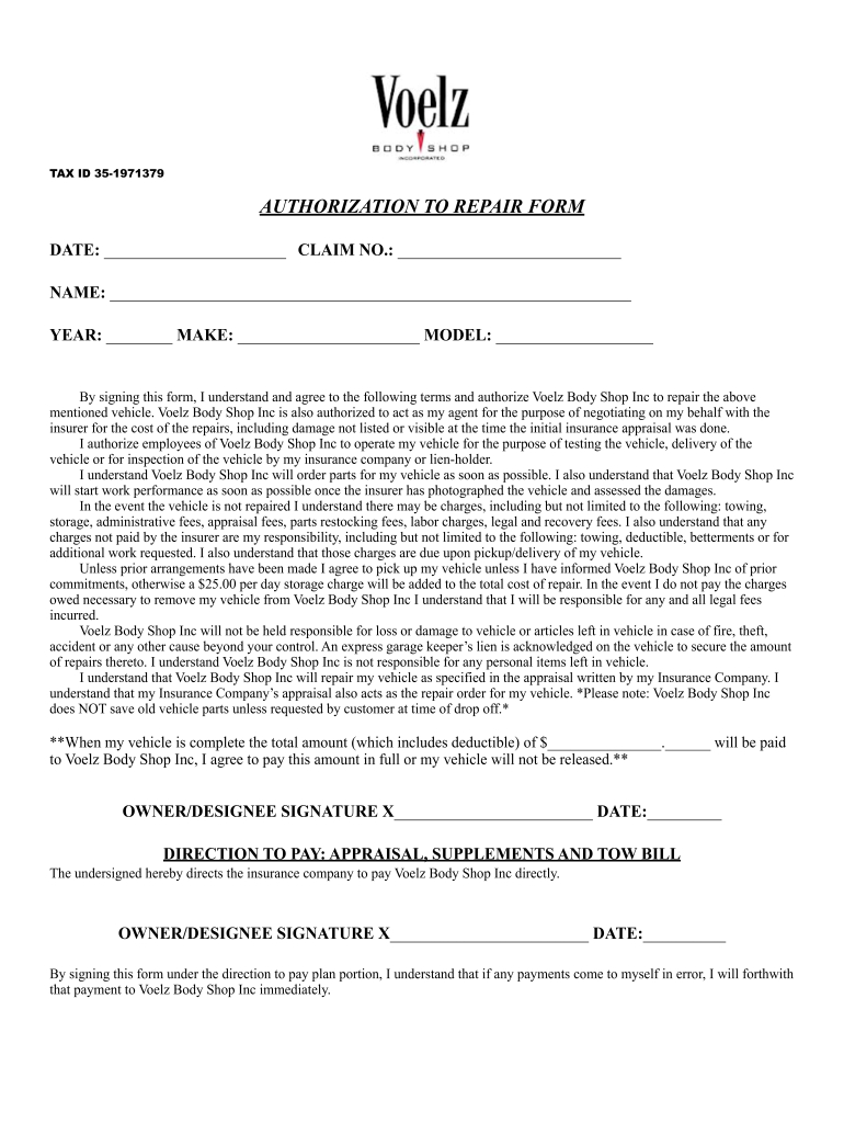 Voelz Body Shop Authorization To Repair Form - Fill Online within FREE Printable Auto Repair Authorization Form Template