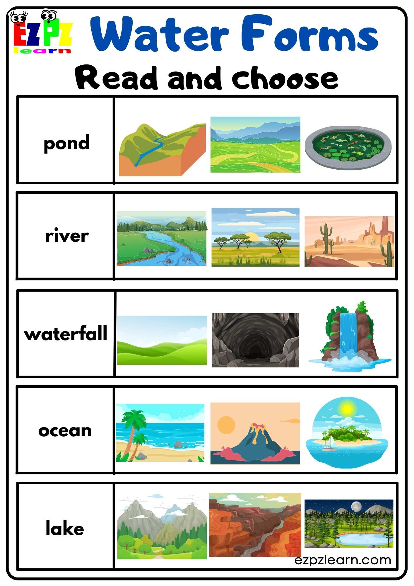 Water Forms Read And Choose Activity Free Pdf Download - Ezpzlearn within Free Printable Bodies Of Water Worksheets