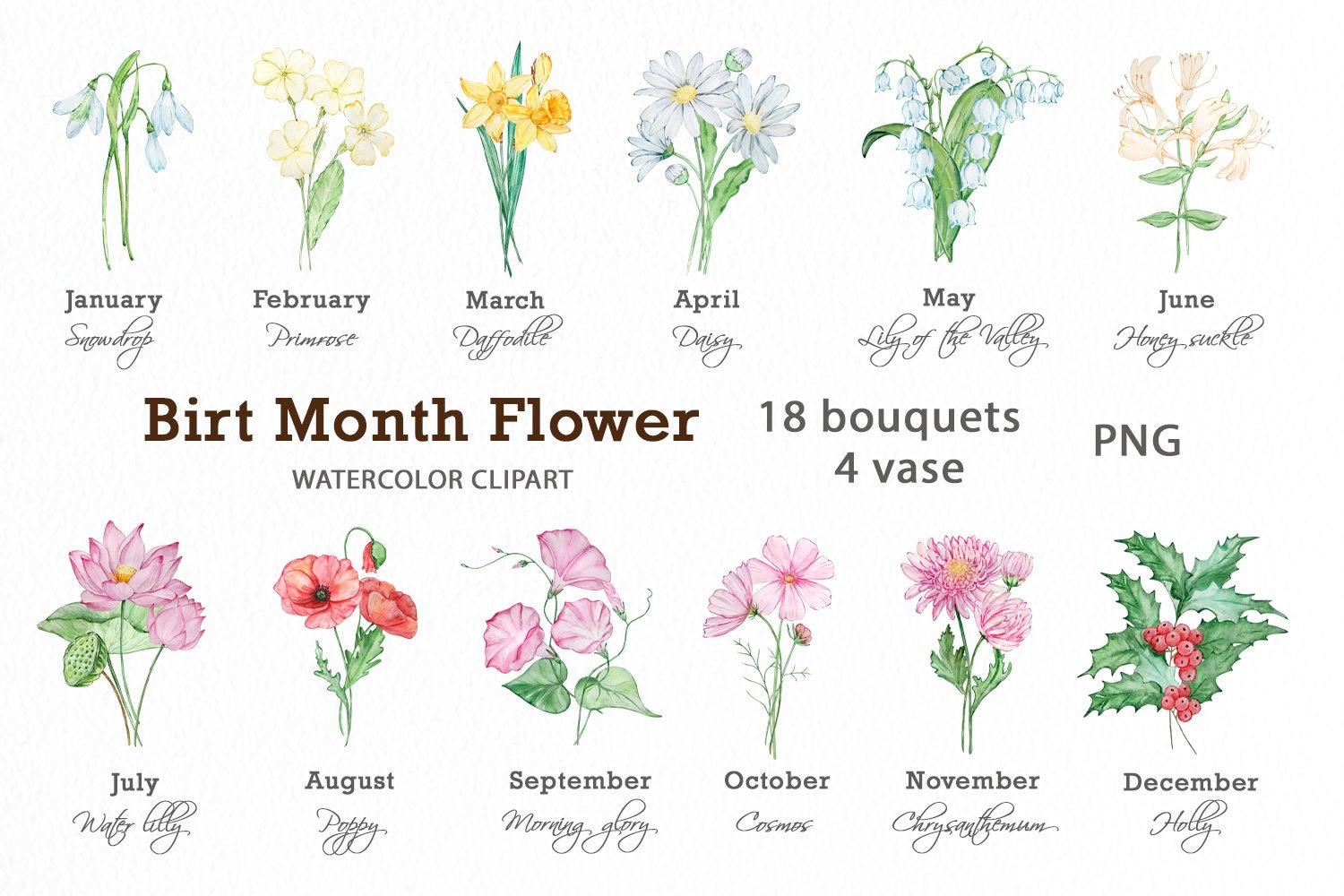 Watercolor Birth Month Flower Bouquets Clipart with FREE Printable Birth Month Flowers