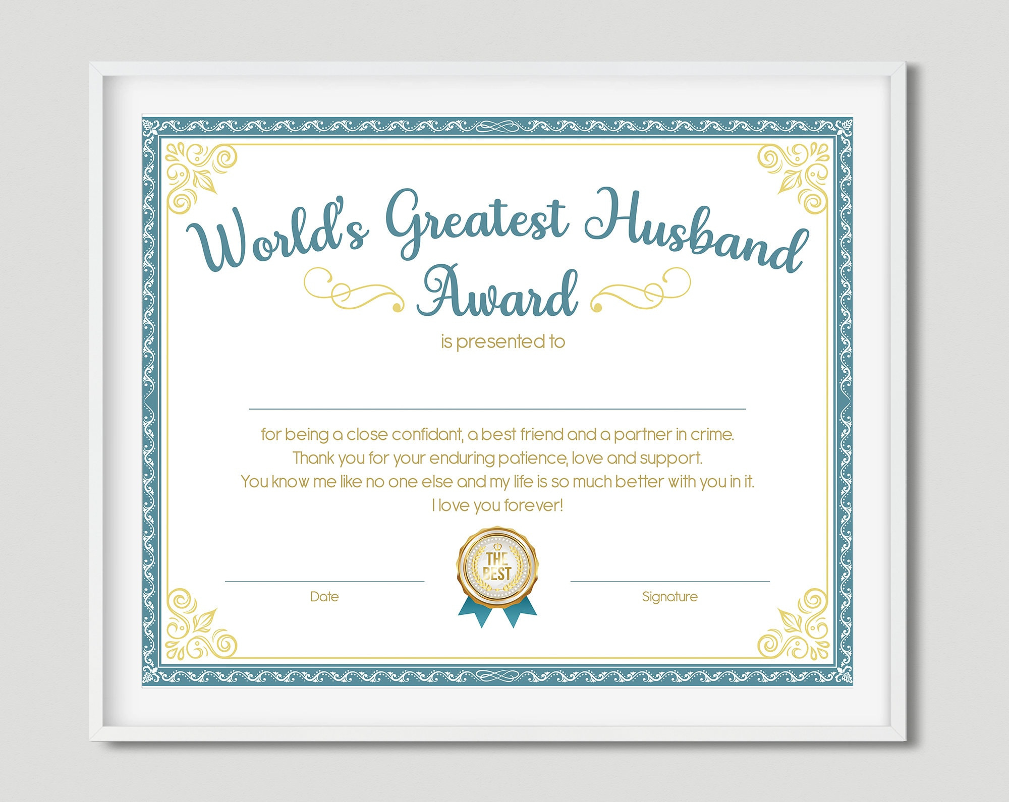World&amp;#039;S Greatest Husband Award, Print, Download, Digital File within FREE Printable Best Husband Certificate