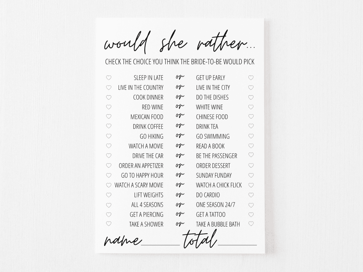 Would She Rather Bridal Shower Game Free Printable | Modern Moh intended for FREE Printable Bridal Shower Games Would She Rather